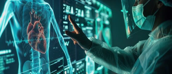 Cardiologist specialist surgeon use computer display screen technology and artificial intelligence