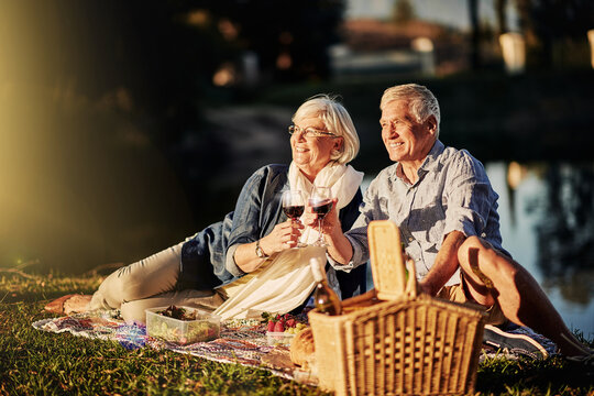 Senior couple, picnic and toast outdoor for love, romance and relax by lake or nature. Elderly people, cheers and drink wine on vacation, holiday and calm celebration on anniversary by river