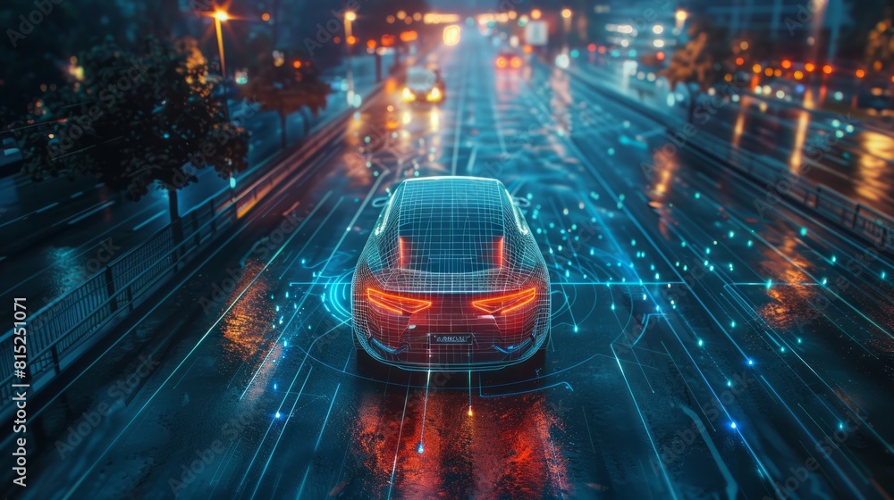 Aufkleber ai-powered cars navigate streets with precision and safety. sensor scan around the car.