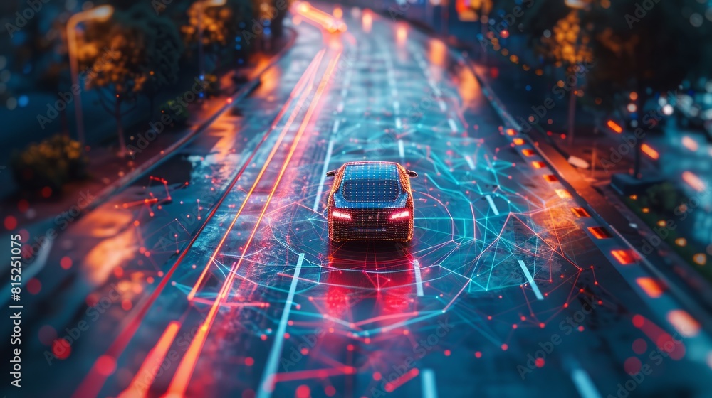 Poster ai-powered cars navigate streets with precision and safety. sensor scan around the car.