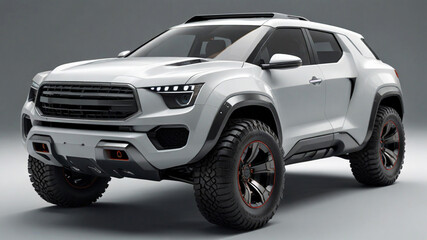 White SUV car Stand with a front and side view in big empty room with dark background