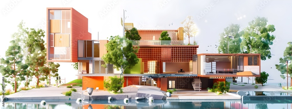 Poster sustainable architectural vision for net zero energy efficient futuristic residences nestled in