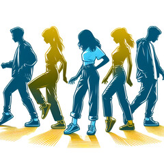 Blue and yellow silhouettes of teens dancing street dance on a white background