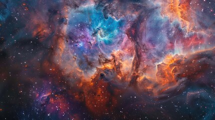 Space dusk nebula color gradient purple blue and pink cloud starry galaxy background illustration.	