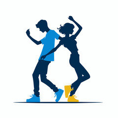 Silhouettes of a young couple dancing street dance energetically. Blue and yellow silhouettes  on a white background