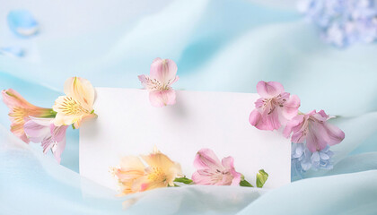 A white card with pink flowers on it