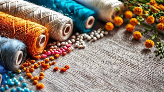 Assorted colorful sewing threads and beads on textured fabric