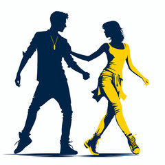 Silhouettes of a young couple dancing street dance together. Blue and yellow silhouettes on a white background