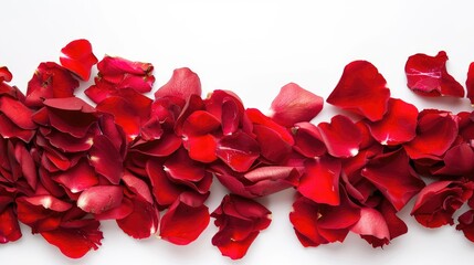 A stunning arrangement of vibrant red rose petals clustered in one corner set against a pure white backdrop This picturesque display is perfect for enhancing Valentine s Day decorations and