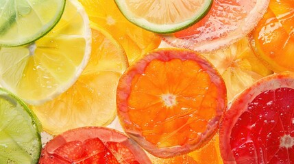 A colorful display of sliced citrus fruits such as orange, peach, and amber produce a vibrant array on the table. These ingredients can be used to create a delicious fruit dish in various cuisines