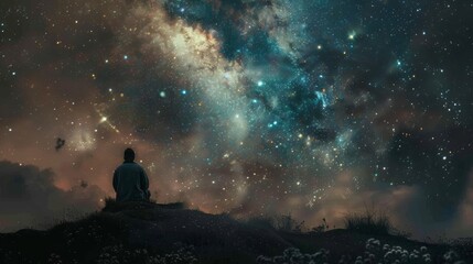 A man is sitting on a hill and looking up at the stars
