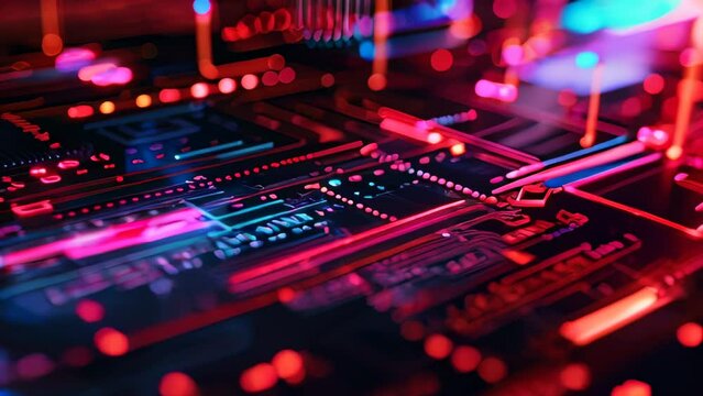 Close-up image of glowing circuit board in red and blue colors, indicating technology electronics