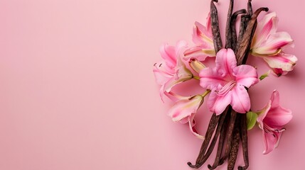 Aromatic vanilla sticks with beautiful flowers on color background