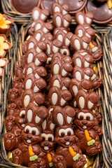 Delicious handmade and traditional chocolates decorated with fruit flavors, delicious sweet cocoa delights with different decorations