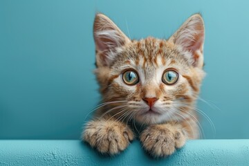 topview full body of happy cat isolated on blue background. 