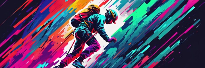 International Mountaineering Day. a man is climbing a mountain. The guy climbs the cliff