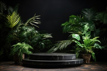 Fototapeta premium Product display. empty marble podium display stand for product display with green foliage.
