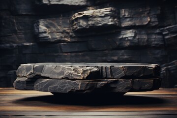 Product Display mock up, empty Black stone podium display stand for product display against a backdrop of black rock boulder.