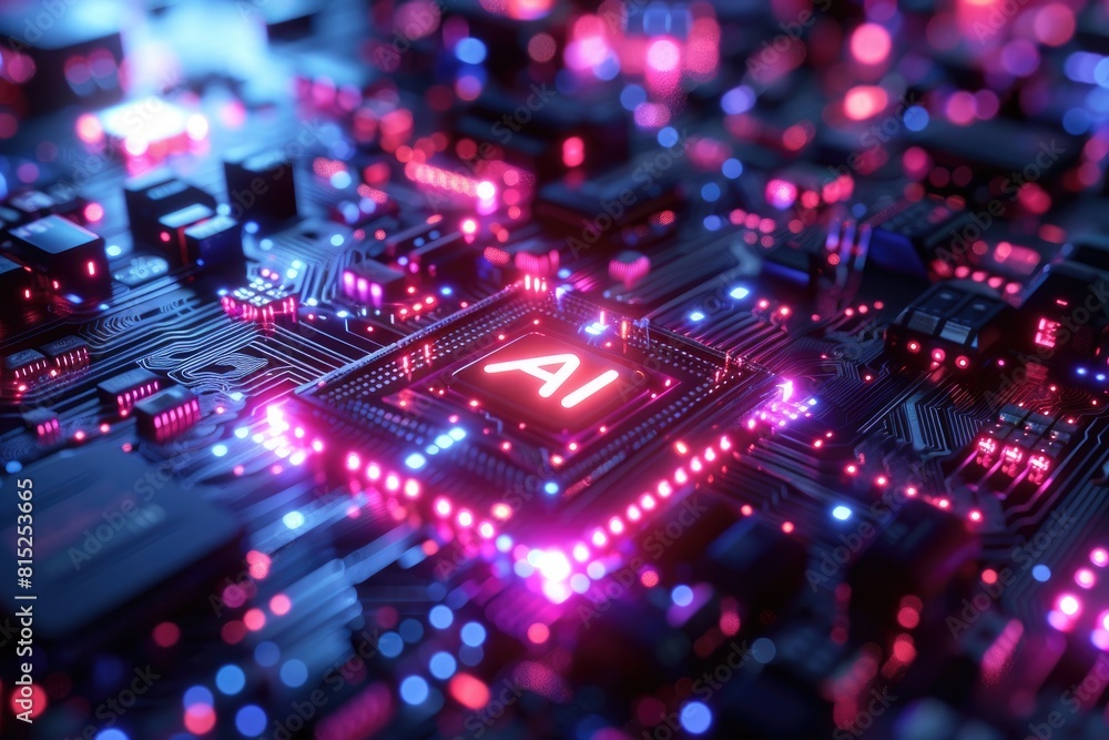 Poster artificial intelligence (ai) concept, abstract ai processor and quantum computer background.