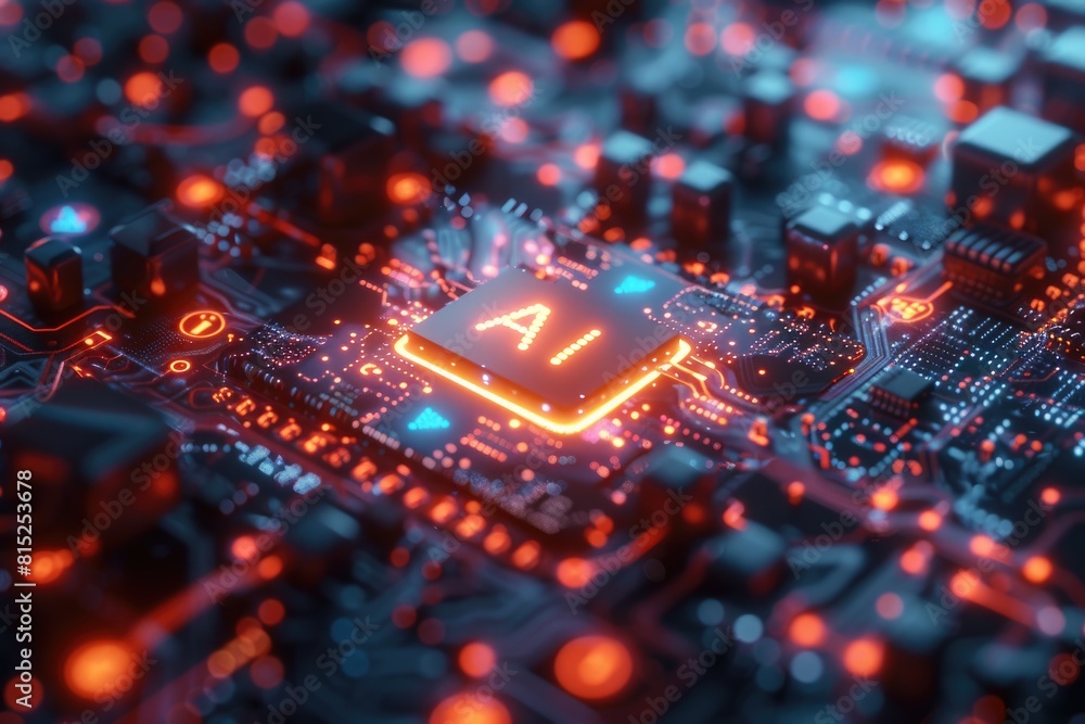 Poster artificial intelligence (ai) concept, abstract ai processor and quantum computer background.