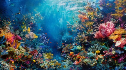 A painting of a coral reef with a variety of colorful fish swimming around