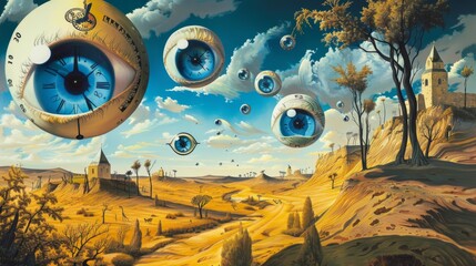 A painting of a desert with a large eye in the sky