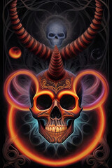 a heavy metal, death metal,  band music gig poster, eerie evil skull skeleton with horns, psychedelic colors, cosmic, vortex