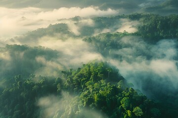 Beautiful green mountain landscape with morning sunrise sky and fog. Aerial view of green trees in...