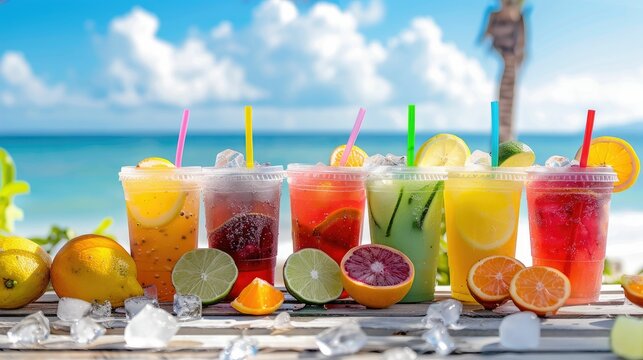 Colorful summer drinks by the beach