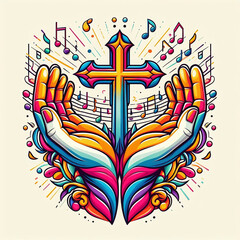 colorful vector illustration of believer's hands holding a christian cross, with music notes, depicting christian music, gospel, happy faith song