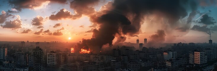 Black smoke and fire from an explosion in Gaza City, with a view of buildings on the horizon. A panoramic photo taken at sunset with a wide-angle len