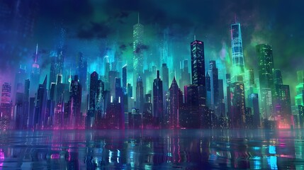 Futuristic Digital Painting of Vibrant Illuminated City Skyline Powered by Renewable Energy