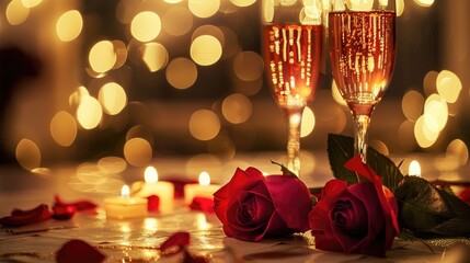 Elegantly arranged table adorned with wine glasses flickering candles and a single rose set against a backdrop of softly blurred lights creating a romantic ambiance perfect for a Valentine 
