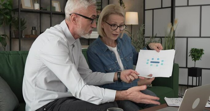 Mature man and woman work form home have consultation via video call