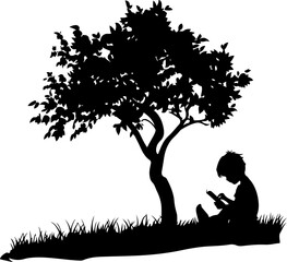 Silhouette of Child Reading Under Tree