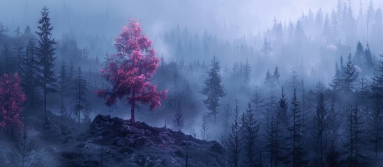 Mystic forest with a glowing pink tree