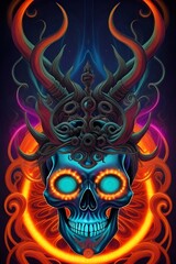 a heavy metal, death metal,  band music gig poster, eerie evil skull skeleton with horns, psychedelic colors, cosmic, vortex