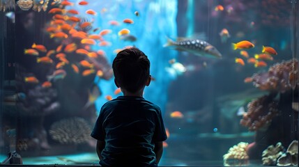 Boy watching fish in the aquarium