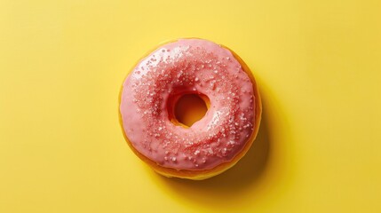 A tempting top down view of a pink iced donut against a sunny yellow backdrop Indulge in the world of sugary delights with this sweet treat on Donut Day