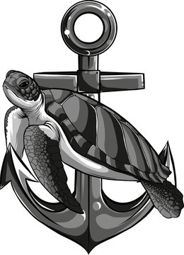 recommend clip art: vector illustration of monochrome sea turtle with anchor