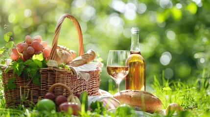 A picnic basket filled with wine fruits and bread set against a sunny backdrop of lush green grass