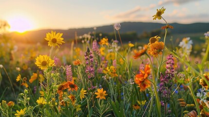 During the summer solstice picture a vibrant meadow filled with a kaleidoscope of wildflowers against a scenic natural backdrop - Powered by Adobe