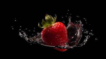 Strawberry Splashing in Water with Reflection