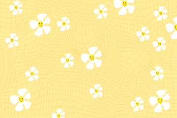 Yellow retro psychedelic checkerboard pattern with white daisy flowers. Groovy funky textures. Stock vector illustration in flat style.