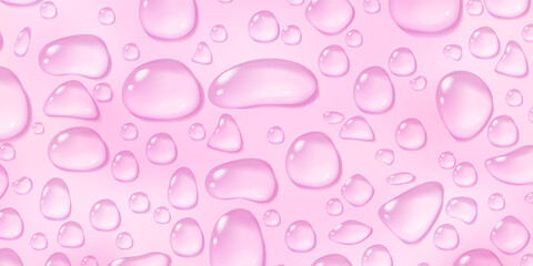 Pink waterddrop background. Condensate serum or essence drops. Cosmetic adverstiment banner. Stock vector illustration in realistic style.