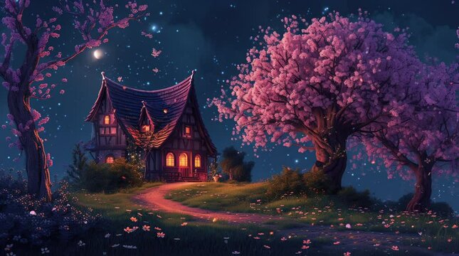 Cozy house under the mesmerizing glow of a sakura tree on a tranquil night
Seamless looping 4k time-lapse virtual video animation background. Generated AI