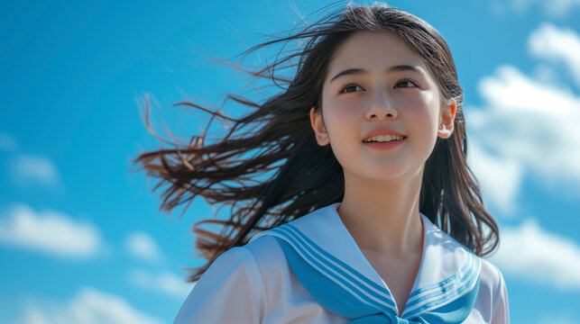 青空を見上げる笑顔の女子高生「AI生成画像」