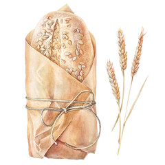 Watercolor loaf of fresh crispy homemade bread and spikelet wheat isolated on white background. Whole grain run for healthy breakfast. Hand-drawn food for cookbook or kitchen. Wallpaper or wrapping