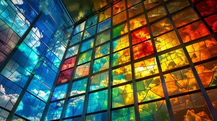 A stained glass window with many colors and shapes
