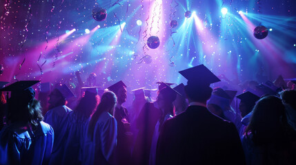 Graduates celebrating under disco lights and confetti at a lively party